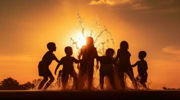 niños jugando en un agua fuente su siluetas foto