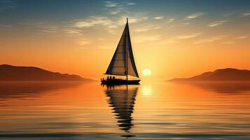 Sunset reflection of a sailing boat in water photo