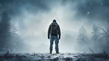 A silhouette of a young man standing in misty nature contemplating life Back view with fresh footprints in deep snow Cold snowy day photo