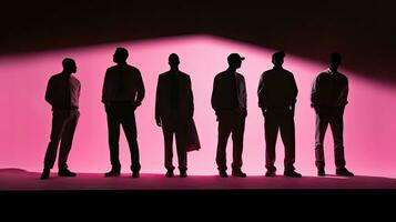 Five paper cutouts of men with one pink man among white ones placed against a black backdrop photo