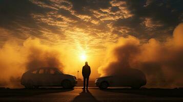 silueta de amanecer contaminado por cansada fumar contribuyendo a aire contaminación foto