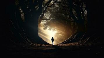 A man walking toward a bright light in nature symbolizing success and freedom photo