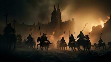 Dark medieval battle scene with silhouetted cavalry and infantry warriors fighting in front of a foggy castle photo