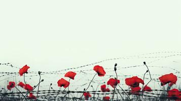 An art installation featuring red poppies amidst barbed wire symbolizing the victims of two world wars against a white sky with empty area photo