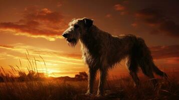 gigante perro silueta en Mañana prado con creciente puesta de sol foto