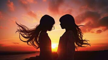 dos joven hermanas en frente de un maravilloso puesta de sol cielo s silueta foto