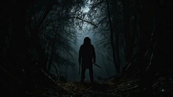 oscuro bosque a noche con misterioso silueta y cuchillo foto