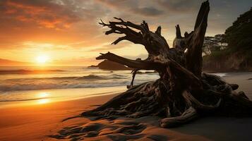 Outline of ancient tree branch extending against sky on Costa Rican shoreline photo