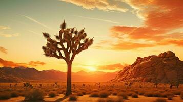 yuca árbol silueta en contra montañas a puesta de sol en Joshua árbol nacional parque foto