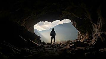 hombre s silueta en un cueva foto