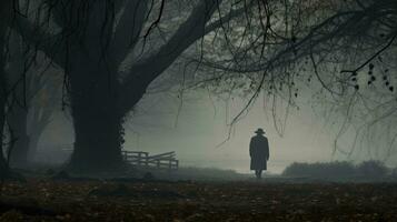 un hombre en un gris Saco y sombrero camina en un mágico jardín un otoño parque con estéril arboles niebla soledad y niebla rodear él extraño caprichoso ramas foto