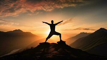 Man doing sunset exercise on mountain silhouette photo