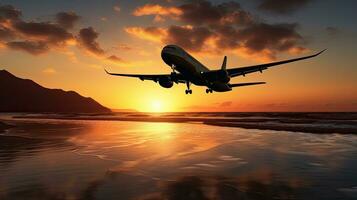 An aircraft is soaring above the ocean during sundown photo