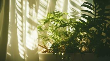 brillante luz de sol suaviza el antecedentes de oscuridad plantas de interior y cortinas foto