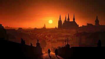 Sunrise over historic Prague Czech Republic casts shadows on buildings photo