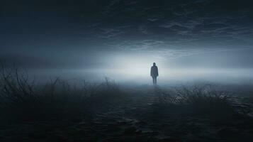 Mysterious figure standing in foggy landscape photo