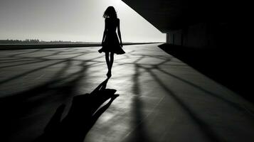 negro y blanco oscuridad en un brillante la carretera con un niña caminando foto