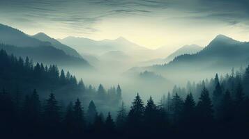 Fir forest on mountain slopes with misty fog and color toning photo