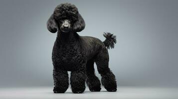 Black poodle standing in studio on gray background photo