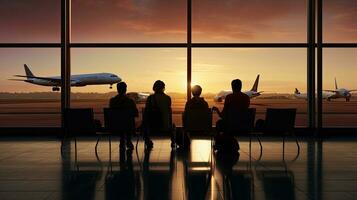 People sitting in airport chairs airplane in view through window photo