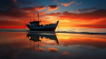 Sunrise on the beach with a colorful sky and a fishing boat silhouette photo