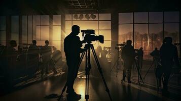 Cameraman operating video equipment indoors silhouette at a meeting room photo