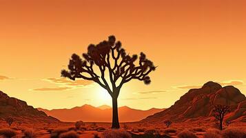 Yucca tree silhouetted against mountains at sunset in Joshua Tree national park photo