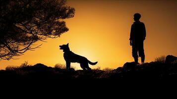 Solitary outline of a shepherd and canine companion photo