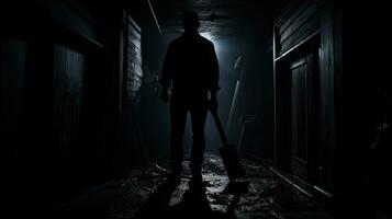 Dark hallway with man holding axe creates terrifying murder scenes photo