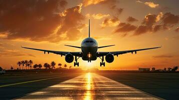 Plane landing at airport during sunset with silhouette photo