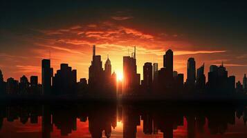 alto edificio y ciudad siluetas a puesta de sol foto