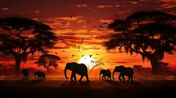 Silhouetted African wild animals at sunset photo