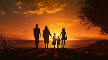 contento familia con niños silueta en contra un puesta de sol foto