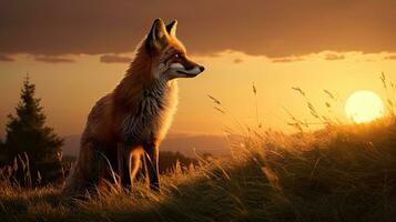 amanecer en un colina con un zorro conformado silueta foto