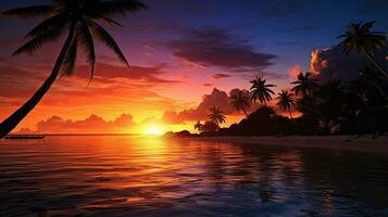 Tropical beach adorned by palm tree silhouettes during a magical sunset photo