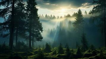 A dreamlike summer landscape with ancient pine tree silhouettes in a morning fog surrounded by a panoramic view of majestic evergreen forest Sun rays add an atmospheric tou photo