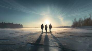 Three people against a frozen lake sky and sun photo