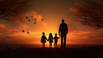 contento familia con niños silueta en contra un puesta de sol foto