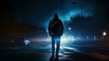 A man confidently stands in the car headlights holding a backpack creating a visually striking sports photo at night