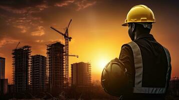 ingeniero con amarillo casco asegura trabajador la seguridad en medio de nuevo Alto construcción y grúas en contra un noche puesta de sol fondo foto