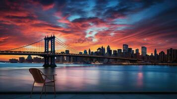 Sunset view of Manhattan Bridge and skyline from Brooklyn in New York City photo