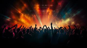 Cheering crowd illuminated by vibrant stage lights at concert photo