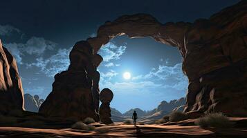 Hiker s silhouette amid rock formations under a full moon photo