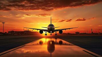 Plane landing at airport during sunset with silhouette photo