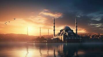 Impressive outline of Blue Mosque in Istanbul at sunrise or sunset photo
