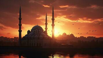 a puesta de sol minaretes de mezquitas silueta durante Ramadán temática iftar y noche oración simbolizando Estanbul foto