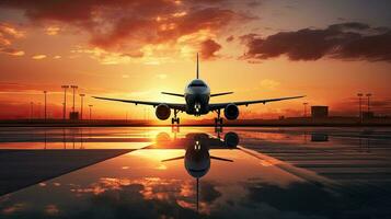 avión aterrizaje a aeropuerto durante puesta de sol con silueta foto