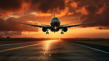 Plane taking off and landing at sunset with cloudy sky photo