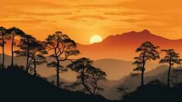 Sundown in Ceylon showcased mountain and tree outlines photo