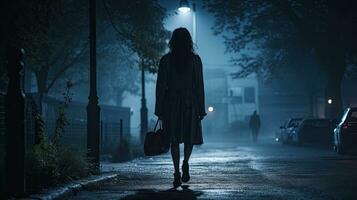 un soltero joven mujer caminando hogar en un oscuro parque a noche sensación asustado y rodeado por un melancólico atmósfera como visto desde detrás foto